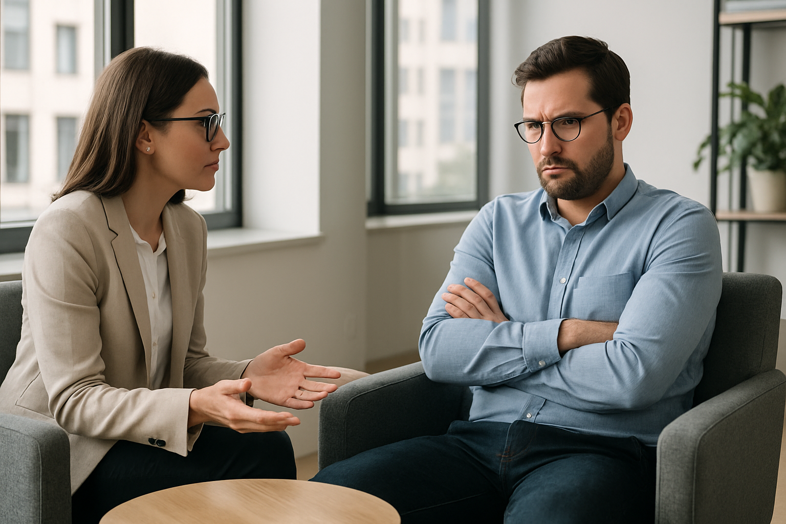 coaching situation, coachee zeigt abwehrende haltung
