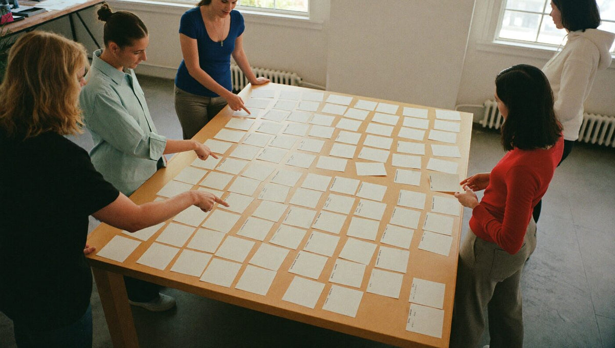 Team erarbeitet am Tisch mit Karten gemeinsame Unternehmenswerte