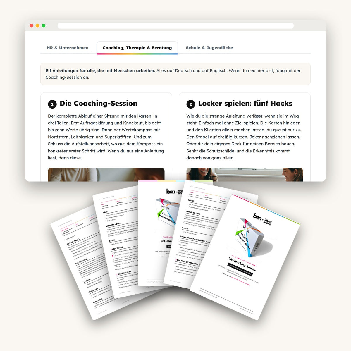 Value Vault: Online-Bibliothek mit über 30 Anleitungen, Browseransicht und PDF-Seiten